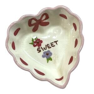 Vintage Cleminsons Hand Painted English Pottery Trinket Dish “Sweet” Floral Bow